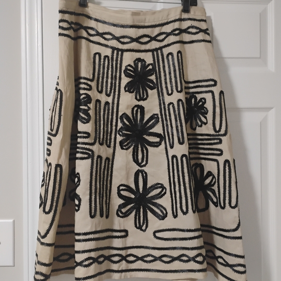 Cottage Core 90's Linen Beige Black Embroidered A-Line Boho Skirt 14 Festival - Picture 8 of 11